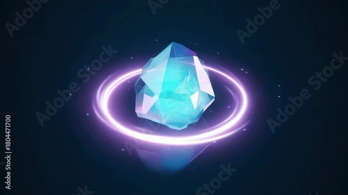 Glowing cyan crystal artifact with a purple ring of light on a dark reflective surface gemstone