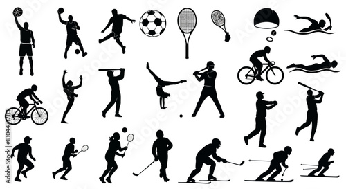 Collection of various sports silhouettes including team and individual sports activities on white