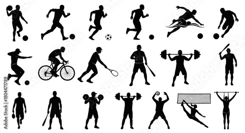 Silhouettes of various sports activities including running swimming and weightlifting in black and white