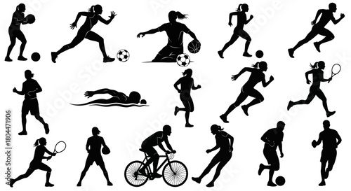 Silhouettes of athletes participating in various sports including running swimming and ball games