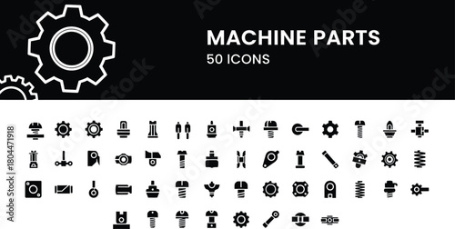 Machine parts and mechanical solid black icons set vector design of engineering industrial manufacturing spare equipment and technology symbols collection.