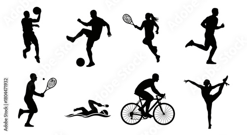 Silhouettes of people engaged in various sports activities on a white background in a vector format
