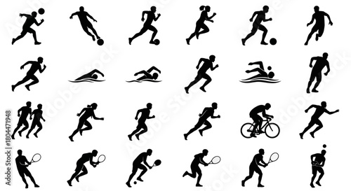 Silhouette illustrations of various sports activities including running swimming and ball games