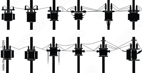 Electric Power Distribution Pole and Transformer Silhouettes Vector Set: High Voltage Equipment for Energy Grid Infrastructure and Supply.
