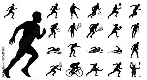Silhouette illustrations showcasing various sports activities and athletic movements in black and white