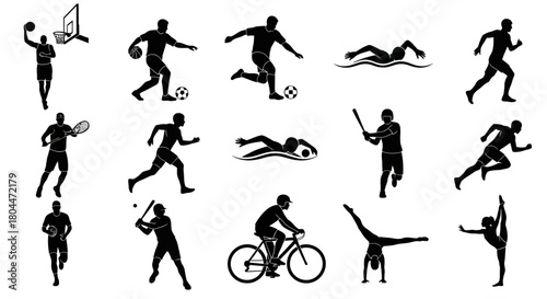 Silhouette illustrations of various sports activities on a white background showcase diverse athleticism