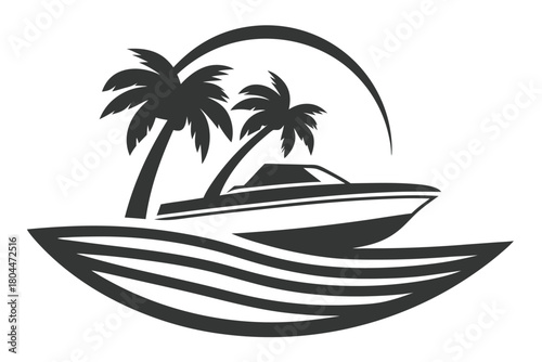 Monochrome boat sails the ocean water by palm trees under an arc