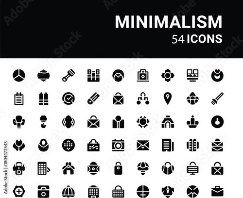 Modern minimalism style black solid icons set vector design of business and office web interface simple glyph pictogram symbols collection.
