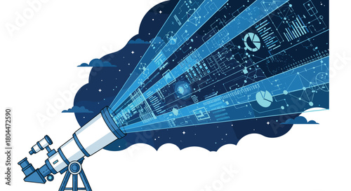 Telescope viewing the universe and digital data streams, Generative AI.