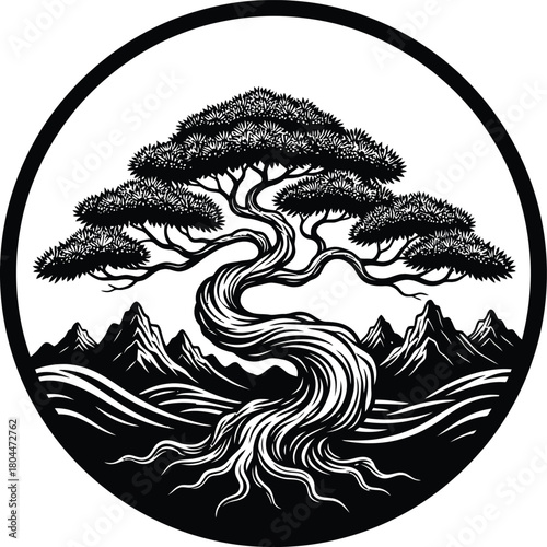 Black and white bonsai tree vector illustration nature landscape art eps silhouette