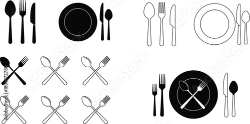Black and White Cutlery Vector Icon Set: Spoon, Fork, and Knife with Plate, Featuring Solid Silhouettes and Outline Styles for Dining, Restaurant, and Food Service Design