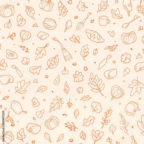 Cozy fall doodle seamless pattern with orange line art pumpkins and autumn leaves