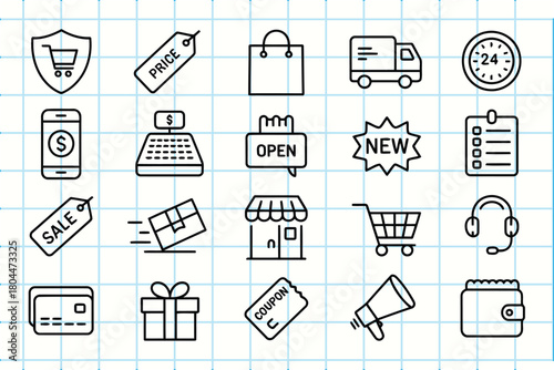 Collection of hand drawn shopping and e commerce icons on grid paper