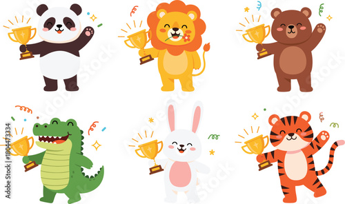 Cute Cartoon Animals Holding Golden Trophies Vector Set: Panda, Lion, Bear, Alligator, Rabbit, and Tiger Celebrating Success, Achievement, and Victory in a Competition