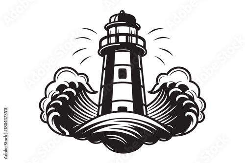 Monochrome lighthouse stands tall against turbulent waves, radiating beams across the sea, creating a vintage maritime atmosphere