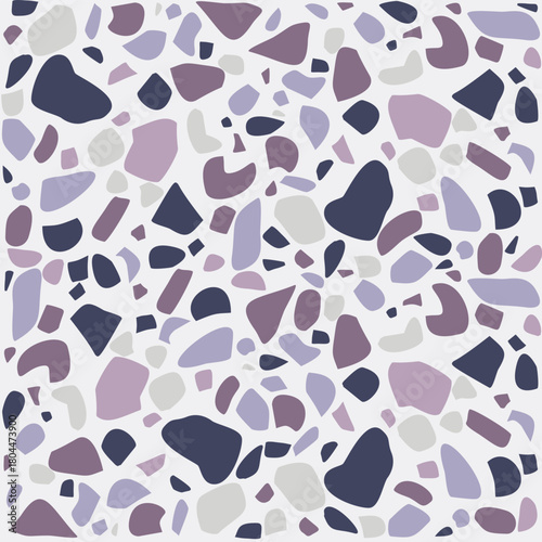 Seamless terrazzo pattern featuring scattered organic shapes in purple, lavender, and gray tones. A modern decorative design perfect for textiles, wallpaper, packaging, and contemporary graphics.