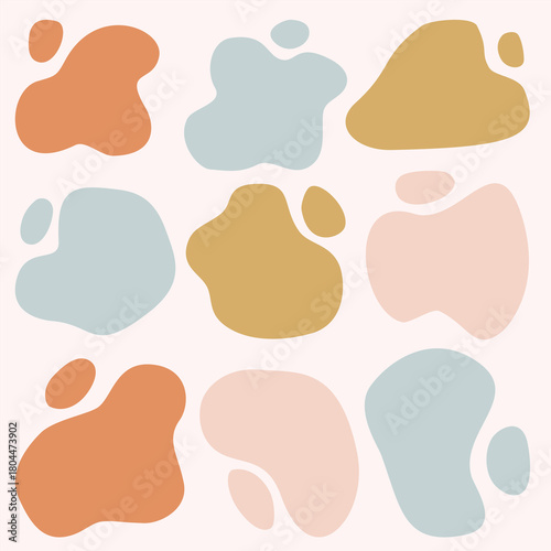 Playful seamless Blok pattern with soft, irregular organic blobs in warm mustard, peach, and muted blue tones. A modern minimalist design perfect for kids’ products, textiles, packaging, and decor.