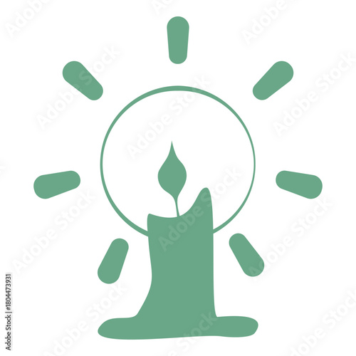 Minimal green candle icon with a soft glowing circle and simple radiant lines. A clean, calming symbol suitable for wellness themes, relaxation graphics, spiritual designs, and peaceful decorative ele