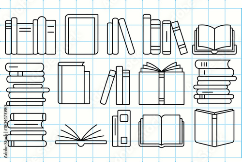 Collection of outline illustrations of various books and shelves