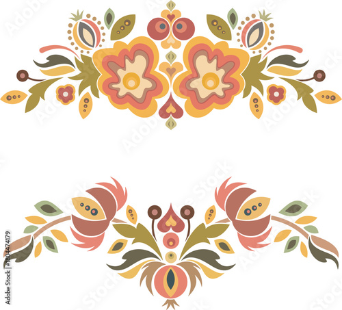 Vector floral Slavic traditional decoration motifs set. For cards, fabric, textiles, clothing, packaging, fabric, paper, wallpaper, wrapping, decor. Folklore hohloma traditional eastern ornament. 