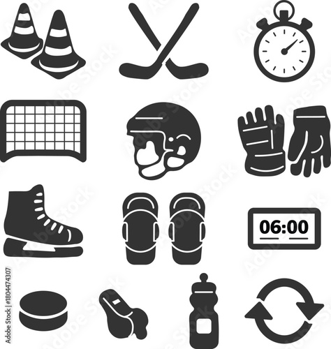 A dynamic and sporty set of black-and-white icons representing various winter sports and hockey equipment, isolated on a white background