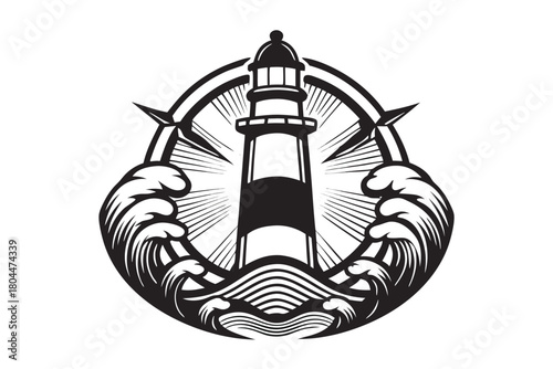 Monochrome lighthouse with waves and starburst radiates nautical charm on white background