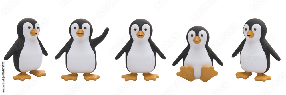 Fototapeta premium A cute 3d vector cartoon penguin character in five different poses. Friendly winter mascot set includes standing, waving and sitting poses with soft shading and rounded shapes. Isolated 3d render.