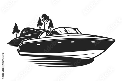 Monochrome speedboat approaches a serene island outlined against the water and sky in vector