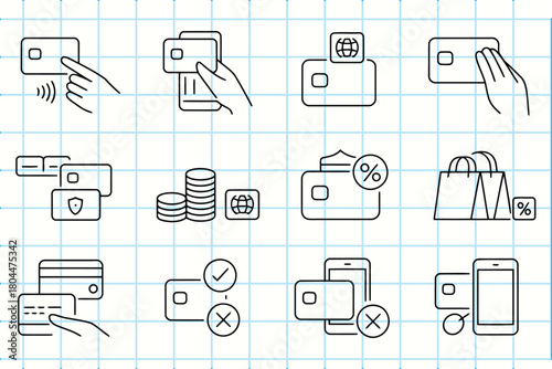 Collection of hand drawn icons representing online shopping and payment methods