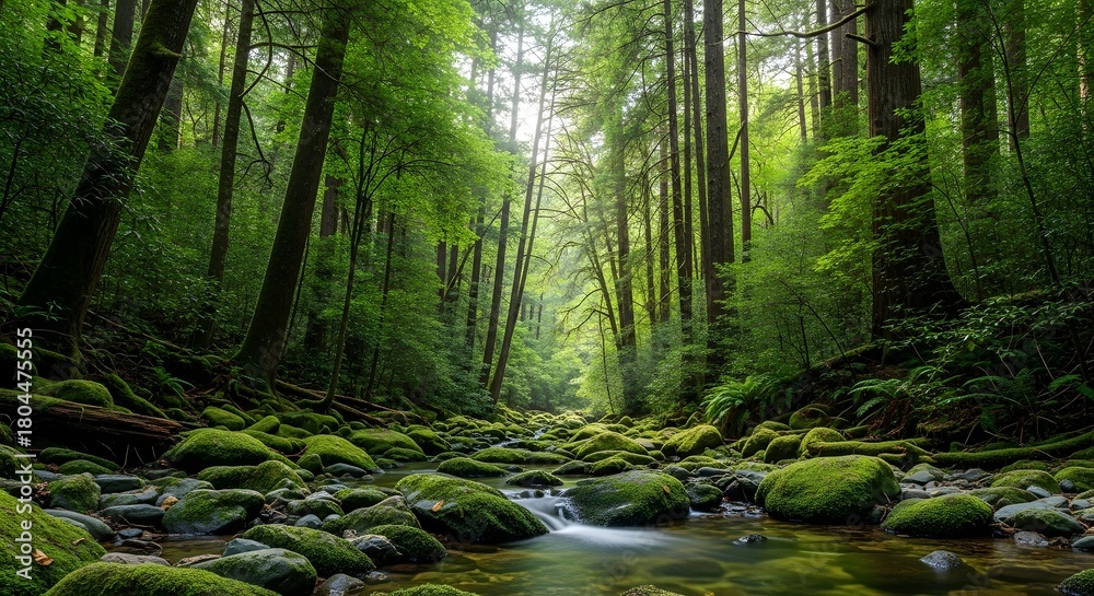 Obraz premium Sunlight filters through lush green ancient forest with mossy rocks and stream
