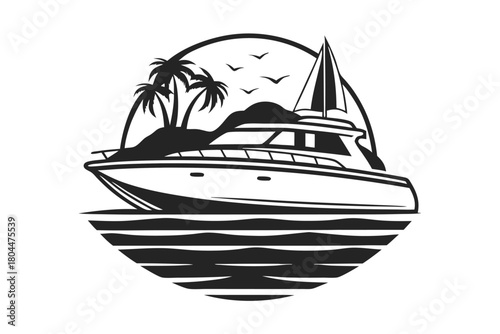 Monochrome yacht sailing near island scenery with palms and birds creates tropical vibes