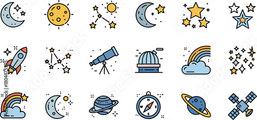 Colorful filled outline icon pack for astronomy and space exploration themes.