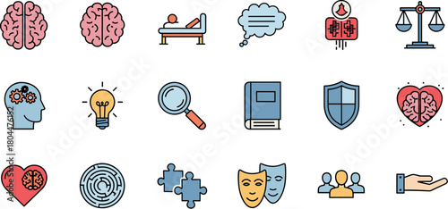 Psychology and mental health colorful line icon set.
