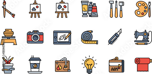 Colorful Hand Drawn Icon Set for Art Craft and Creative Hobbies.