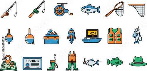 Colorful hand-drawn fishing equipment and angling icon set.