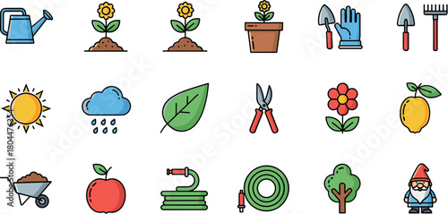 Colorful collection of gardening and farming vector icons.