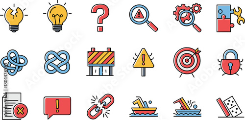 Colorful line art icons representing business problems risks and solutions.
