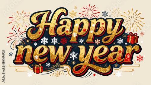 Creative art font "happy new year", font design, hand-drawn vector illustration