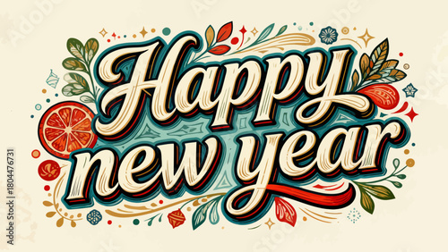 Creative art font "happy new year", font design, hand-drawn vector illustration