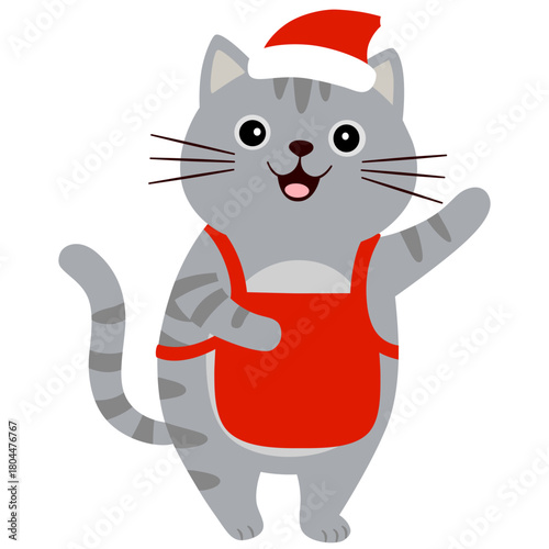 Cute and happy Christmas cat in Santa hat and red apron. Charming illustration in flat cartoon style for greeting cards, season greetings, end other design.