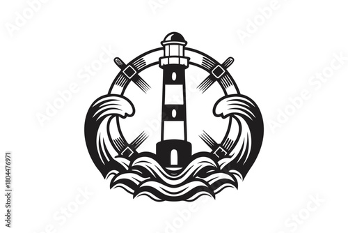 Nautical beacon amidst ocean waves with ship wheel is presented in monochrome style