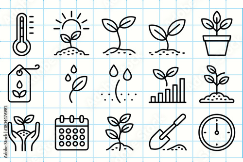 Doodle icons representing plant growth and gardening concepts