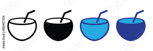 Set of stylized coconut drink icons: outline, solid black, light blue, and dark blue, with straws, isolated on white background