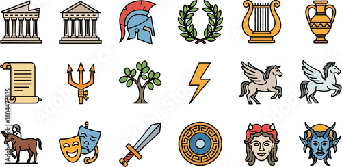 A colorful collection of vector icons representing Ancient Greek mythology and culture.