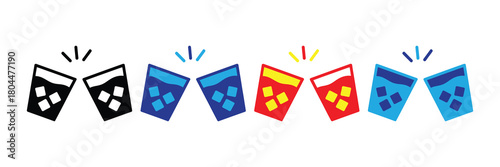 Celebration toast with ice-filled glasses in black, blue, and red, symbolizing cheers, party, and festive moments icon set.