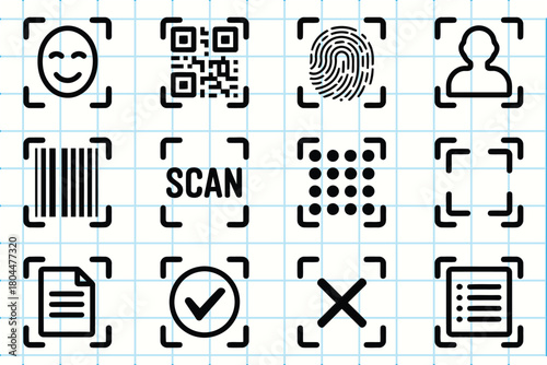 Collection of security and identification icons on a grid background