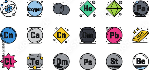 Colorful Chemistry and Science Icon Set with Periodic Table Elements.