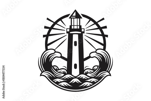 Nautical lighthouse is illuminated amidst ocean waves in this monochrome scene