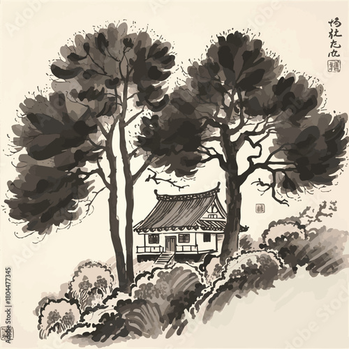 Ink painting of a small house beneath large trees. Traditional oriental ink painting sumi-e, u-sin, go-hua. Translation of hieroglyph - perfection.