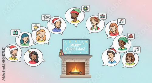 Festive video call depicts diverse people celebrating Christmas around a warm fireplace with cheerful messages and holiday icons.